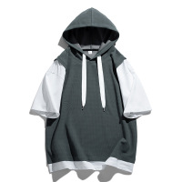 连帽短袖T恤男夏季日系潮流华夫格拼接假两件宽松运动半袖上衣服_1
