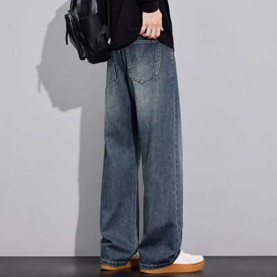 潮男日常穿搭阔腿裤 做旧水洗牛仔面料 美式高街 宽松休闲长裤子