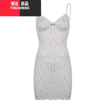 YIBUSHENGAOMR 法式碎花蕾丝拼接针织吊带裙少女V领修身显瘦打底包臀连衣裙