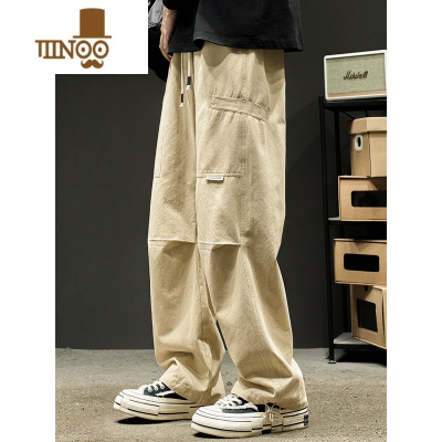 YANXU工装裤男秋季潮牌简约拼接卡其色休闲裤子日系潮流抽绳阔腿直筒裤