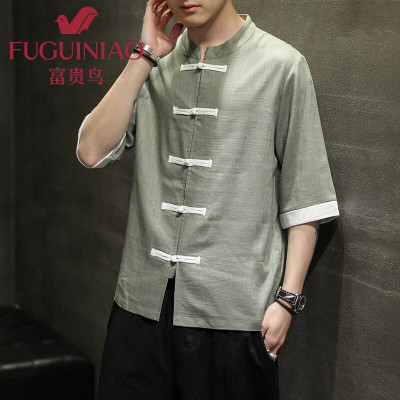 富贵鸟中国风男装2020新款夏装V领汉服刺绣棉麻宽松大码2021短袖T恤胖子唐装