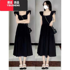 YIBUSHENG茶歇法式小飞袖连衣裙女季2024新款高级感方领中长款收腰小黑裙