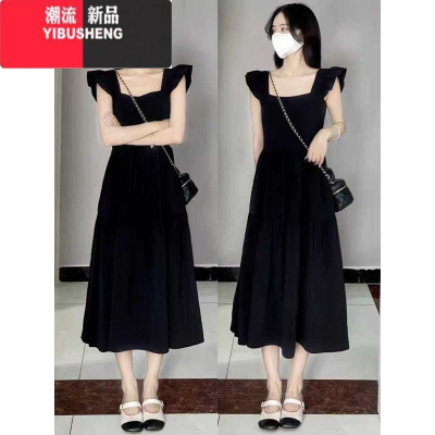 YIBUSHENG茶歇法式小飞袖连衣裙女季2024新款高级感方领中长款收腰小黑裙