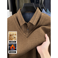 秋冬款男士T恤加厚保暖假两件中老年翻领打底衫休闲百搭加绒上衣