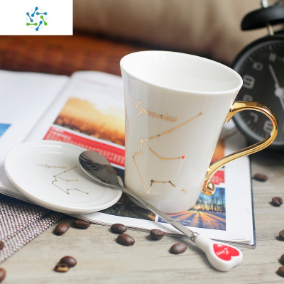 十二星座杯子带盖勺创意陶瓷描金马克杯简约欧式情侣办公咖啡水杯三维工匠