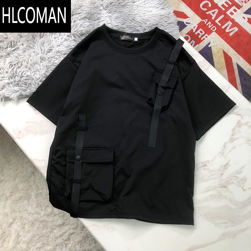 HLCOMAN设计感口袋飘带短袖男t恤夏季港风潮流宽松bf百搭纯色五分袖上衣