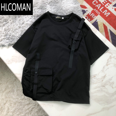 HLCOMAN设计感口袋飘带短袖男t恤夏季港风潮流宽松bf百搭纯色五分袖上衣
