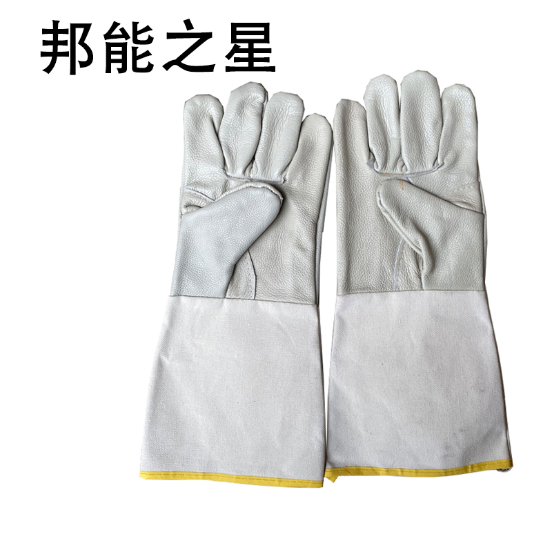 邦能之星头层牛皮手套焊工烧焊电焊机械耐用加长加厚耐高温隔热防烫帆布袖N52233