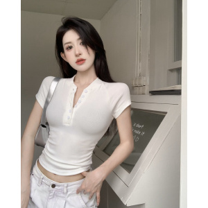 2025夏季新款美式纽扣半开领短袖T恤女上衣修身褶皱短款打底衫潮