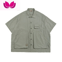 七斓日系cityboy纯色多口袋工装短袖衬衫男夏季潮牌宽松复古机能衬衣