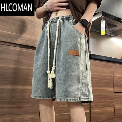HLCOMAN夏季做旧抽绳牛仔短裤男美式复古ins潮牌宽松百搭痞帅工装五分裤