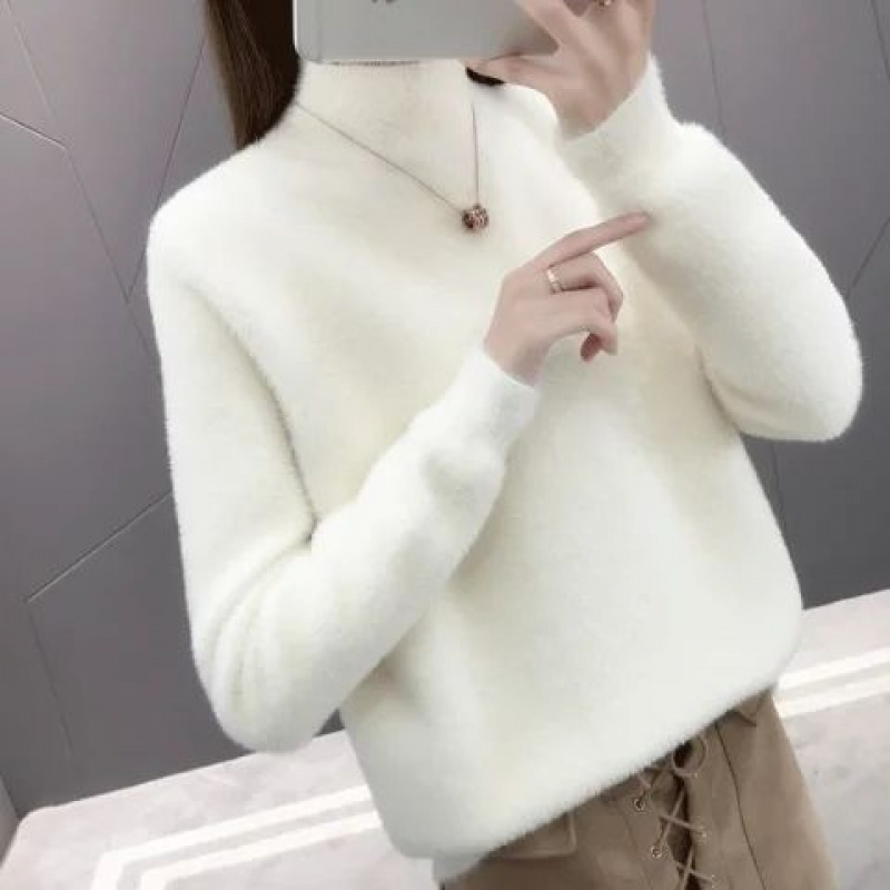 白色半高领毛衣女秋冬新款宽松外穿慵懒风洋气内搭打底衫上衣ins