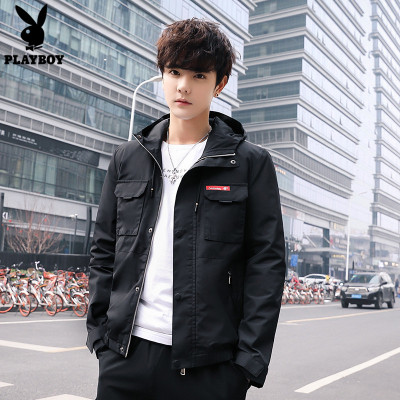 花花公子秋季新款男士休闲时尚夹克潮流青少年连帽上衣外套男秋装