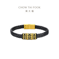 周大福方胜纹足金黄金转运珠男钢扣皮绳生日礼物EOR1295