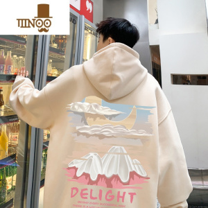 YANXU日系雪山樱花卫衣男2023新款复古油画风连帽学生外套上衣