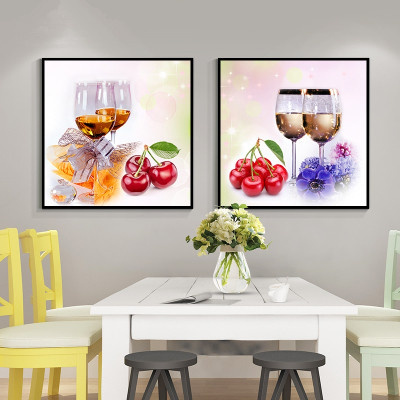新房装饰画餐厅装饰画简约饭厅墙面装饰壁画客厅挂画水果画创意酒两幅，樱桃酒杯60*60厘米大气木纹框防水纹理膜-两幅