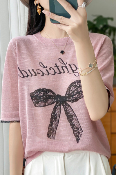 年夏季新款竹节麻圆领针织衫短袖T恤女蝴蝶结印花宽松百搭上衣