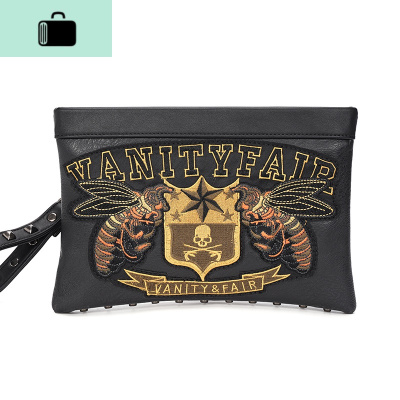 原创设计个性刺绣图案手拿包大容量皮质手抓包青年男女士手包NEW LAKE 黑色男士手拿包