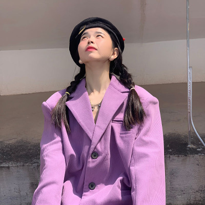 语娄FRUITY韩版chic洋气紫色复古灯芯绒西装外套女春季宽松网红小西服2021西装
