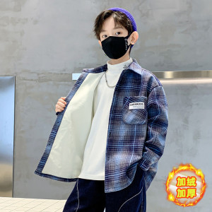 男童加绒衬衫外套春秋冬款新款格子加厚中大童翻领洋气上衣潮