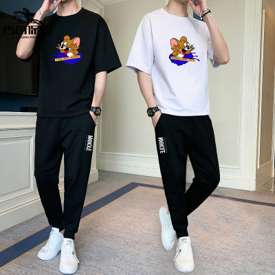 传奇保罗（CHUANQIBAOLUO）潮流夏季短袖t恤长裤套装青少年休闲运动两件套大码宽松男装