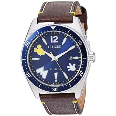 Citizen西铁城女表棕色米奇手表光动能蓝盘Eco-Drive AW1599-00W