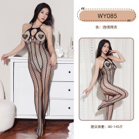 九里晴川WY085挖空连体衣开裆挂脖深V条纹网格镂空情趣连体衣分销 九里晴川WY085[挖空连体衣-开裆-黑] 均码