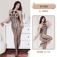 九里晴川WY085挖空连体衣开裆挂脖深V条纹网格镂空情趣连体衣分销 九里晴川WY085[挖空连体衣-开裆-黑] 均码