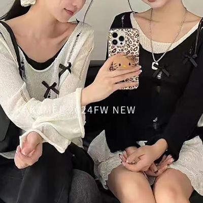 假两件破洞撞色针织衫春秋季新款女装修身蝴蝶结辣妹长袖上衣外穿