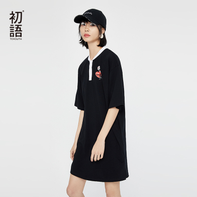 初语&大力水手-初语年夏季新款大力水手IP系列印花短袖宽松遮肚黑色连衣裙女