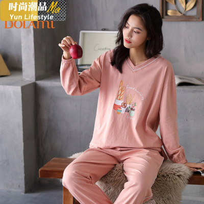 YUNWUXIN睡衣女春秋棉长袖少女可爱棉v领套头家居服春夏款套装可外穿睡衣