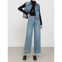 宽松高腰弹力柔软九分阔腿裤冬季加绒加厚刺绣牛仔裤女