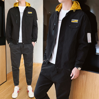 狮臣SHICHEN男士套装夹克九分裤2020年春季新款时尚潮流青少年夹克套装男百搭两件套男装套装男TZ2305黑色M