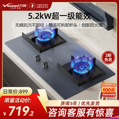 万和(Vanward)[墨蓝无痕]燃气灶具家用5.2KW大火力 64%高热效 易清洁抗污 天然气双莲火JZT-C6L01