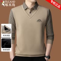 啄木鸟印花假两件男士加厚保暖衬衫领长袖卫衣爸爸装加绒打底衫男