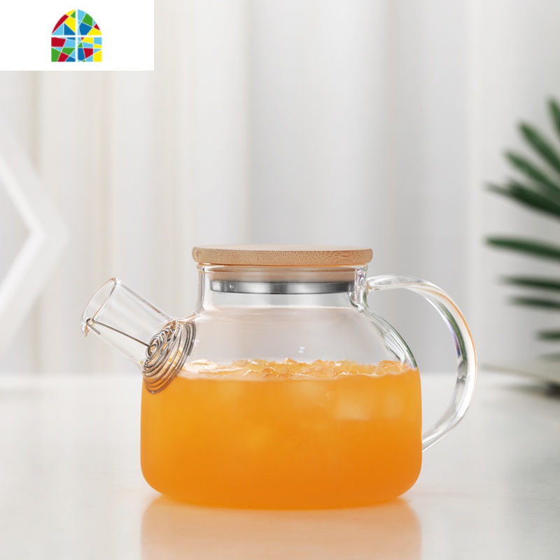 竹盖大容量冷水壶耐热玻璃果汁壶花茶壶家用凉水壶水杯套装 FENGHOU 透明单壶1L2个彩把杯套装