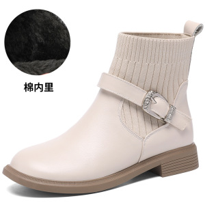真皮马丁靴女秋冬厚底加绒保暖弹力拼接针织粗跟大码毛线短靴