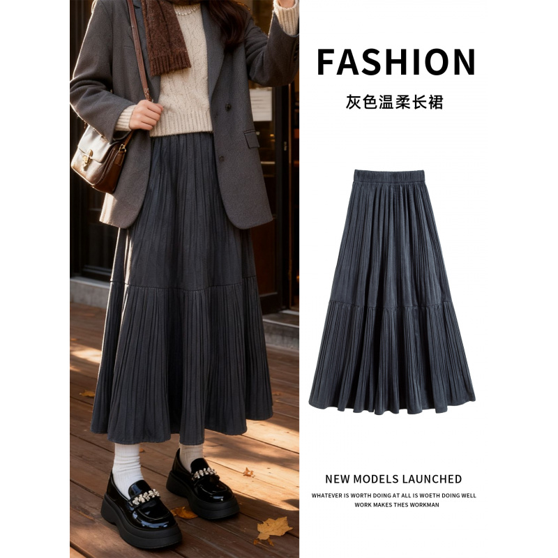 金丝绒半身裙女秋冬新款胖mm大码a字半裙垂坠感百褶灰色长裙