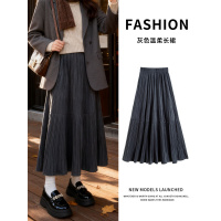 金丝绒半身裙女秋冬新款胖mm大码a字半裙垂坠感百褶灰色长裙