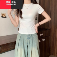 YIBUSHENGu领正肩t恤女短袖修身大领口短款掐腰白色短上衣收腰绝美法式季