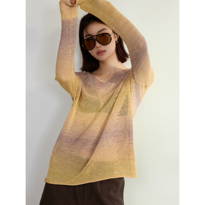 jin口和纸纱渐变针织衫女新款设计感镂空长袖V领罩衫女装春款上衣