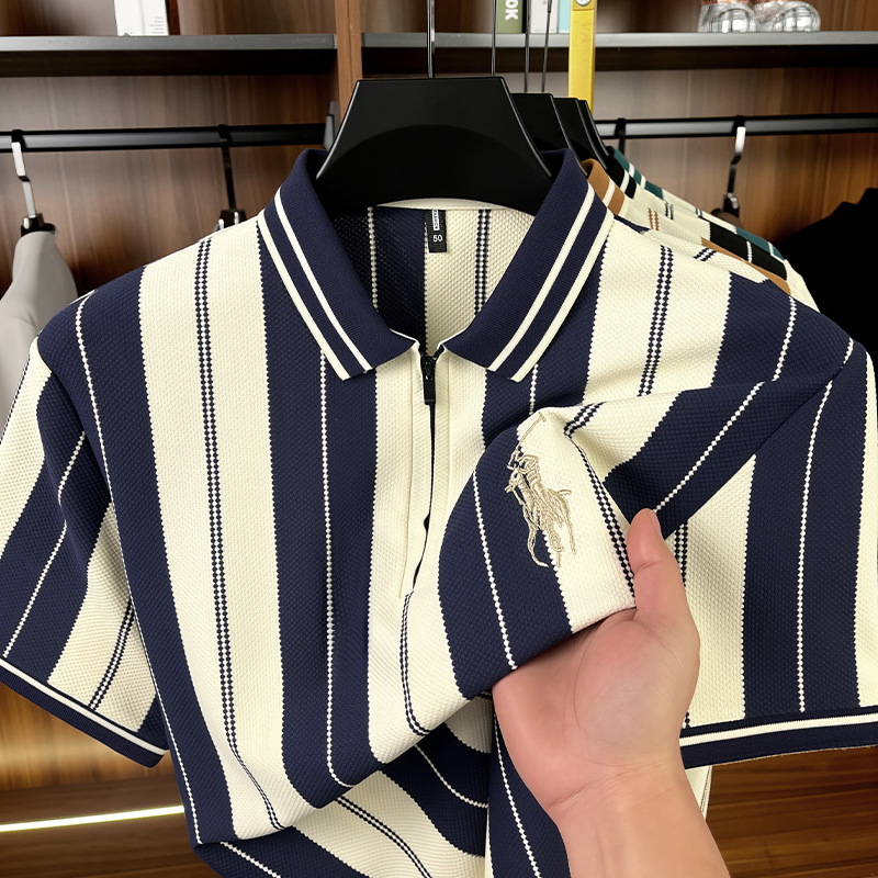 色织半拉链polo衫男2026夏季新款时尚条纹刺绣马标翻领短袖男T恤
