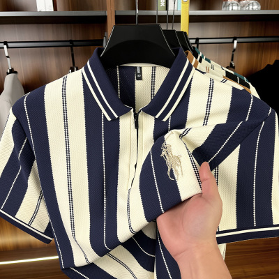色织半拉链polo衫男2026夏季新款时尚条纹刺绣马标翻领短袖男T恤