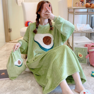 恋名媛珊瑚绒睡裙女秋冬加厚法兰绒可爱宽松大码孕妇睡衣胖MM加肥中长款睡衣