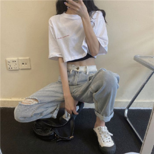 白色短袖T恤女夏季新款短款设计感高腰宽松显瘦露脐上衣潮ins
