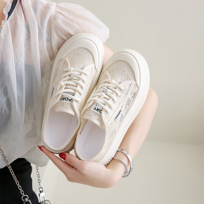 2025春季新款ins韩版透气小白鞋女学生厚底百搭透网休闲半拖