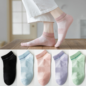 猫人女士船袜100%纯棉华夫格百棉AAA级抗菌防臭时尚撞色小短筒女短袜 5双装 均码