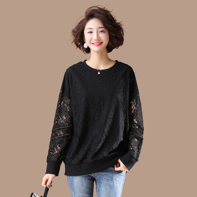语娄春季加肥加大码女装宽松中长款长袖打底衫上衣中年妈妈显瘦蕾丝衫2021大码女装