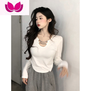 七斓网红链条设计感长袖T恤女春季韩版2023新款修身显瘦短款内搭上衣