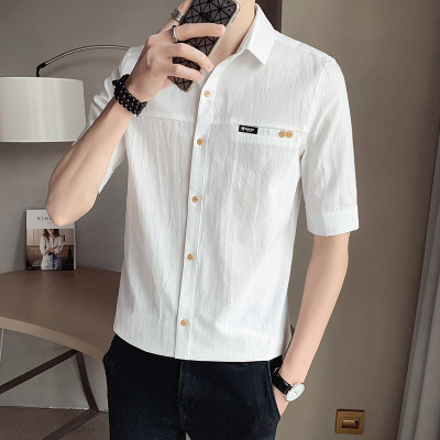 纯棉短袖衬衫男士2021夏季新款韩版修身衬衣青年大码时尚中袖五分袖上衣gurunvani